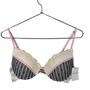 Rene Rofe Lingerie Bra Size 34 C Black and Beige Striped Lace Trim and Back NWT